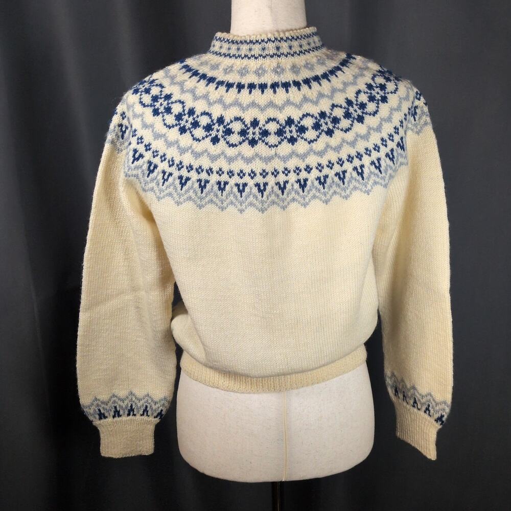 VTG Tronderstua Norway Handmade Wool Knit Fair Isle Cardigan Sweater Blue Ivory - Picture 5 of 6